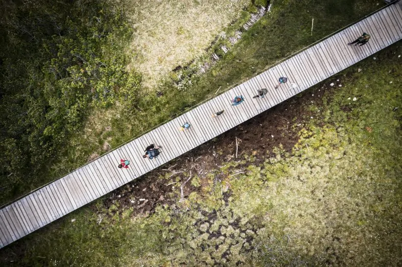 Aerial view of hikers in the nature reserve, dolomites